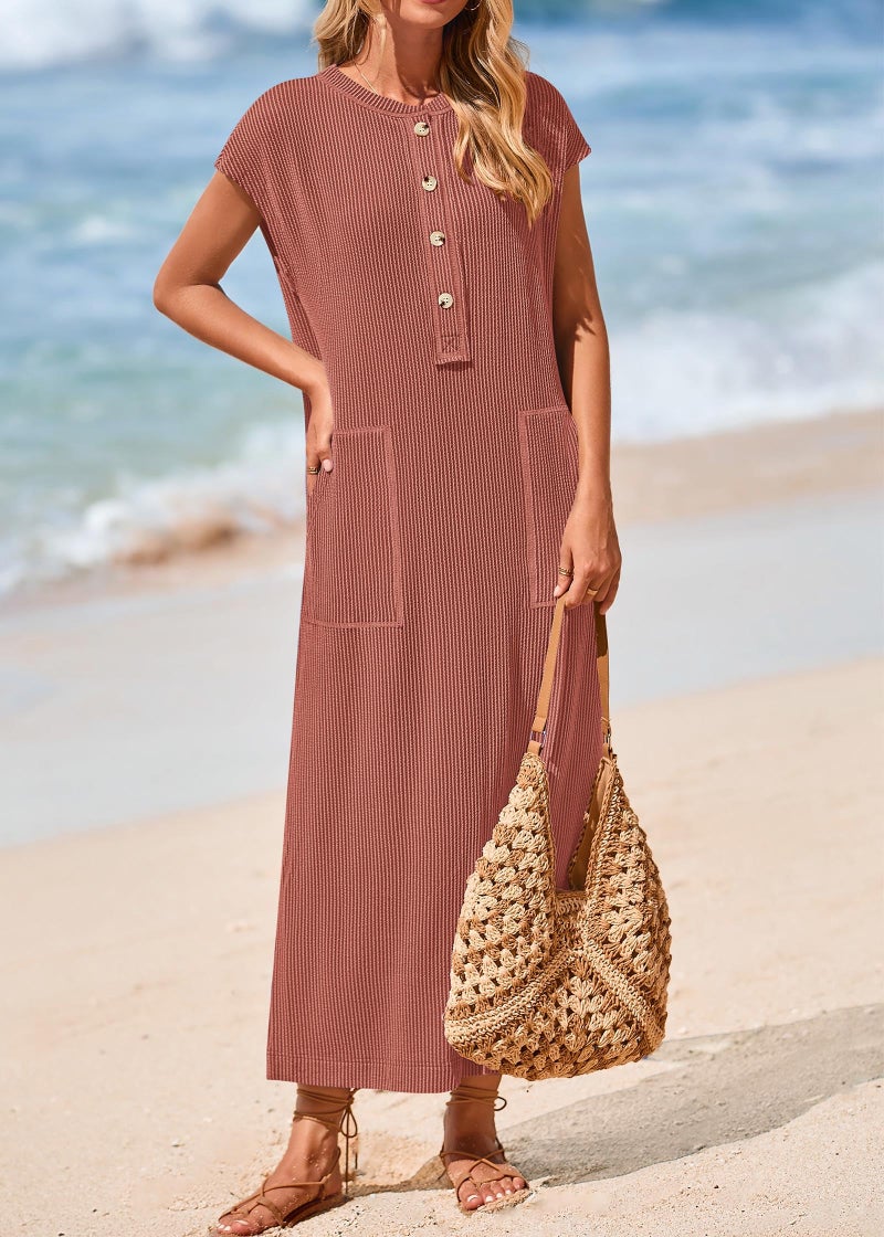 KIRUNDO Womens Summer Dresses 2026 Spring Ribbed Knit Henley Short Sleeve Maxi Dress Button Up Loose Beach Vacation Sundress(Brick Red, Large) - Image 4