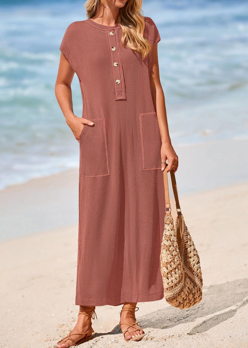 KIRUNDO Womens Summer Dresses 2026 Spring Ribbed Knit Henley Short Sleeve Maxi Dress Button Up Loose Beach Vacation Sundress(Brick Red, Large) - Image 5