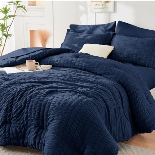 HYMOKEGE HYMOKEGE Navy Blue Queen Comforter Set Seersucker 7 Pieces All Season Luxury Bed in a Bag for Bedroom Bedding Set with Comforters Sheets Pillowcases  Shams 