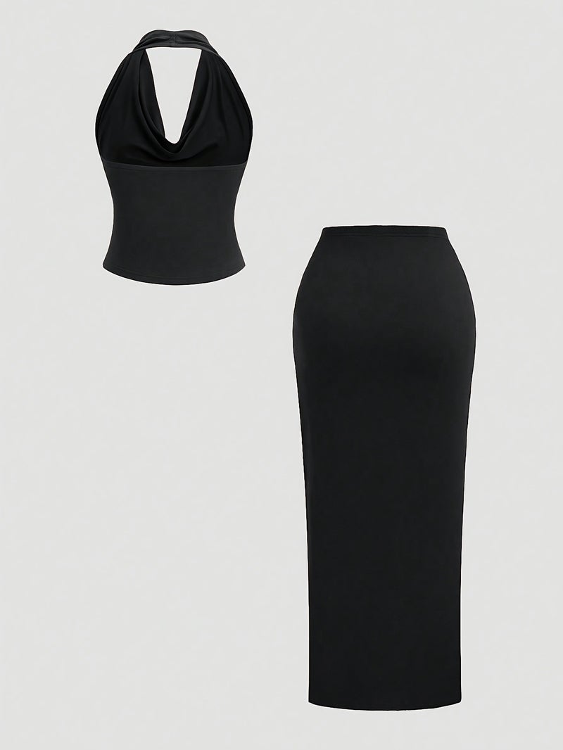 Graceful Off-Shoulder Round Neck Navel-Baring Top and Side Slit Skirt Set - Image 2