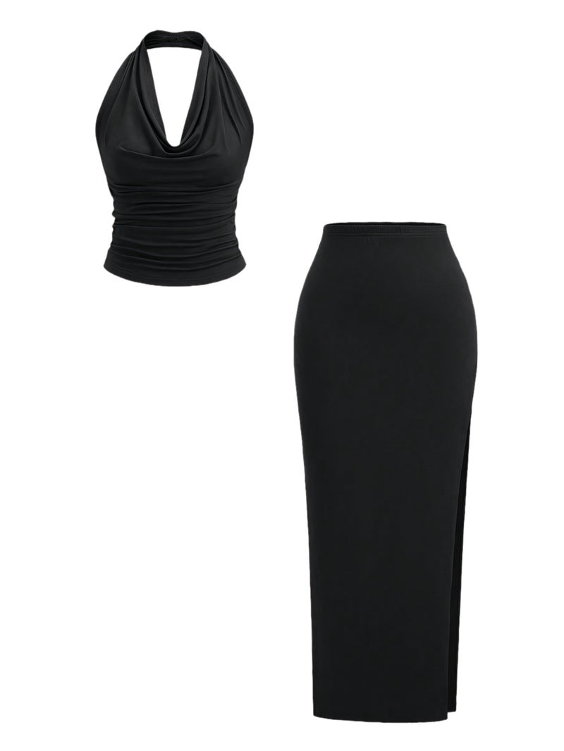 Graceful Off-Shoulder Round Neck Navel-Baring Top and Side Slit Skirt Set - Image 1