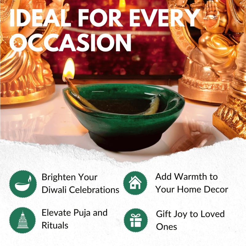 Shivkosha Handmade Green Jade Gemstone Diya for Diwali Puja and Home Decoration EcoFriendly Gift Pack 2 Oval - Image 4