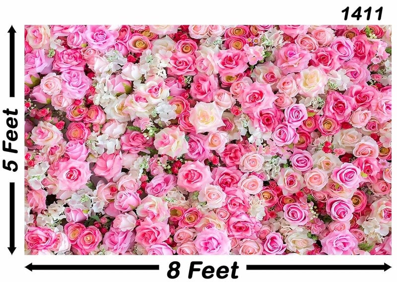 Backdropon خلفية زهور وردية لتصوير حفلات الزفاف وحفلات استقبال المواليد وأعياد الميلاد وزينة طاولة الكعك بحجم 5 أقدام ارتفاع و8 أقدام عرض (5 * 8) - Image 3
