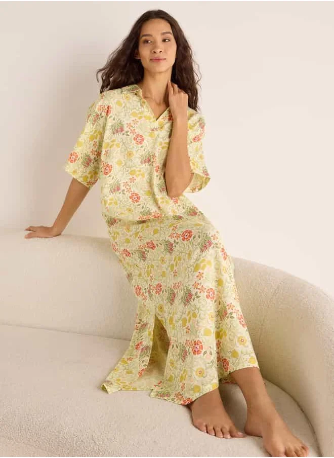 فاف Floral Print Night Dress with Collar and Short Sleeves