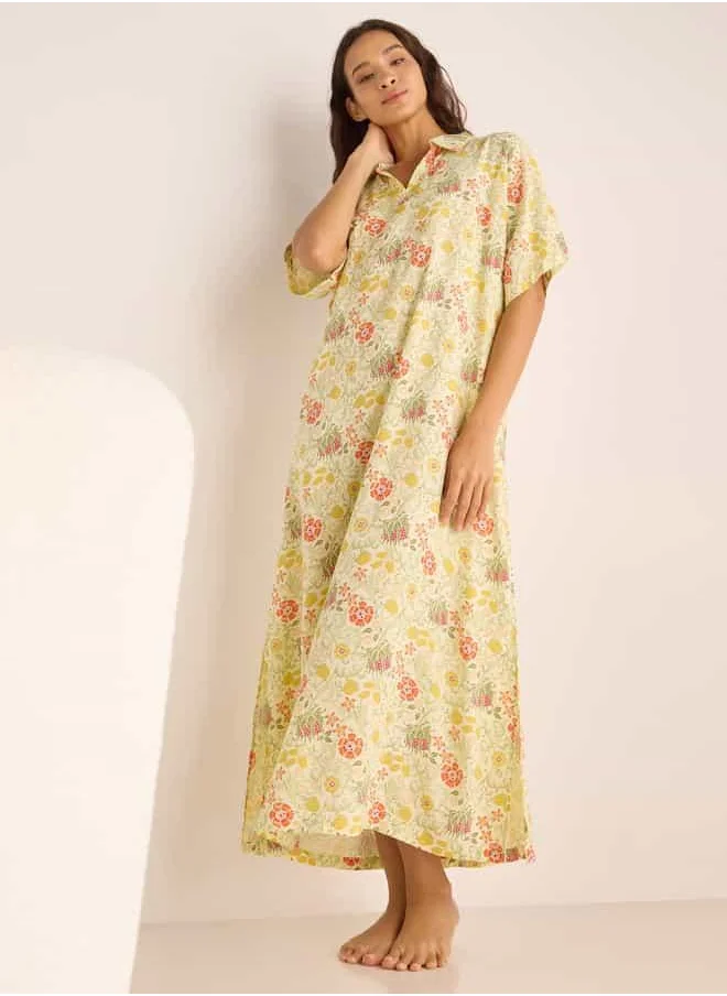 فاف Floral Print Night Dress with Collar and Short Sleeves