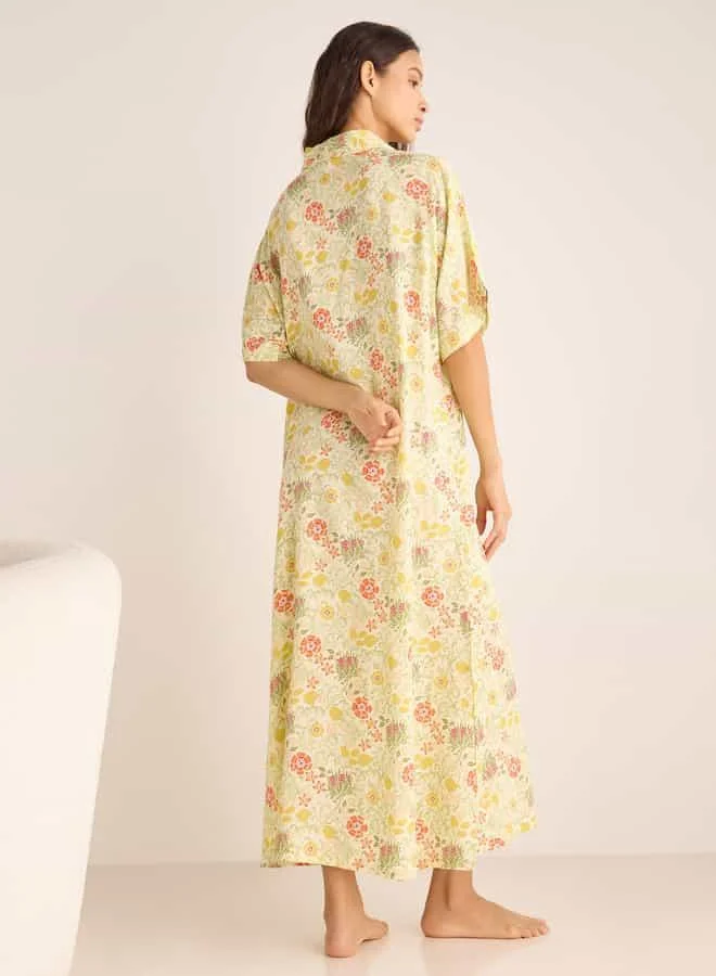 Splash FAV Floral Print Night Dress with Collar and Short Sleeves