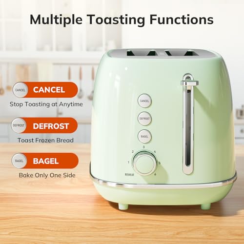 keenstone Toaster 2 Slice Stainless Steel Toaster Retro with 6 Bread Shade Settings, Bagel, Cancel, Defrost Function, 2 Slice Toaster with Extra Wide Slot, Removable Crumb Tray - Image 2