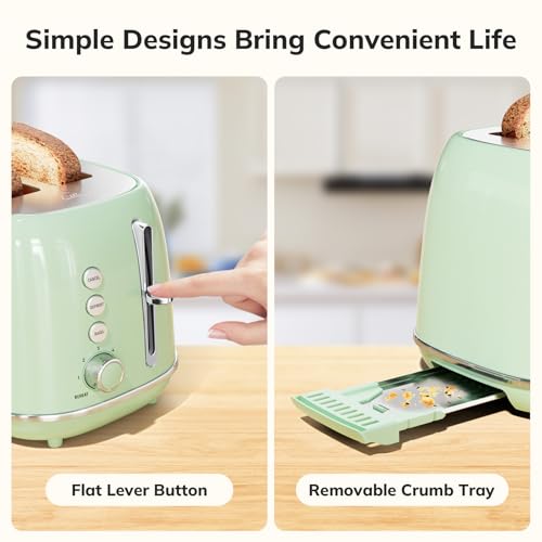 keenstone Toaster 2 Slice Stainless Steel Toaster Retro with 6 Bread Shade Settings, Bagel, Cancel, Defrost Function, 2 Slice Toaster with Extra Wide Slot, Removable Crumb Tray - Image 5