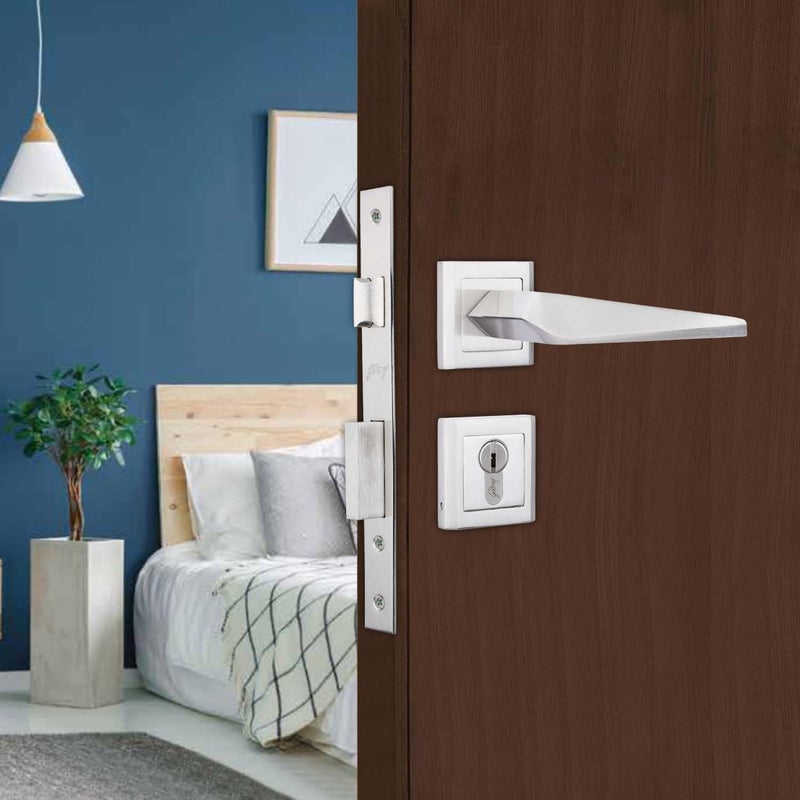Godrej Locking Solutions and Systems Godrej Mortise Lock Handle Lock Set for Main Bedroom Door Smooth Rossette Home Dcor Handle Satin Steel Finish 60 mm 1CK Cylinder Knob from Inside and with 3 Keyswith 5year Warranty  - Image 1