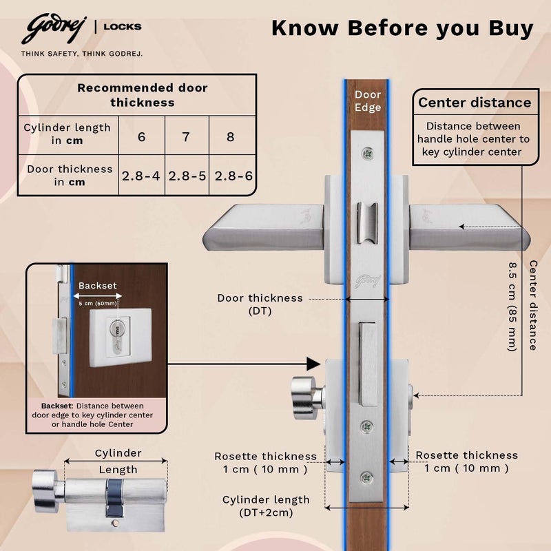Godrej Locking Solutions and Systems Godrej Mortise Lock Handle Lock Set for Main Bedroom Door Smooth Rossette Home Dcor Handle Satin Steel Finish 60 mm 1CK Cylinder Knob from Inside and with 3 Keyswith 5year Warranty  - Image 3