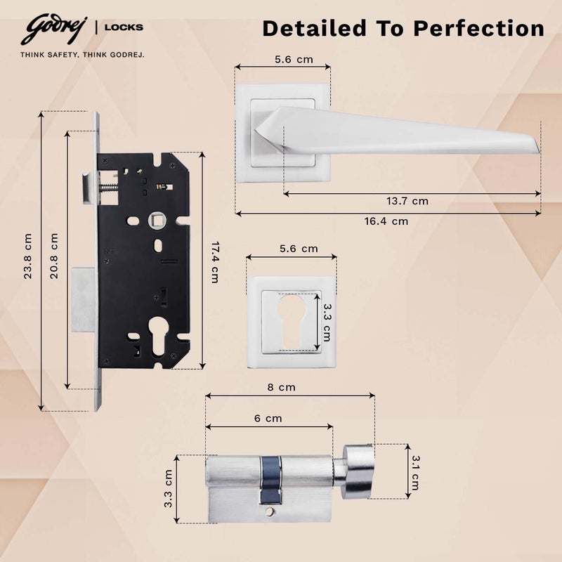 Godrej Locking Solutions and Systems Godrej Mortise Lock Handle Lock Set for Main Bedroom Door Smooth Rossette Home Dcor Handle Satin Steel Finish 60 mm 1CK Cylinder Knob from Inside and with 3 Keyswith 5year Warranty  - Image 4