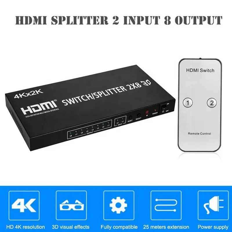 COOLCOLD 2x8 HDMI Matrix Switcher 2 in 8 Out Splitter 4Kx2K Active Amplifier Extender Ultra HD 1080P 3D Audio Video Selector with IR Remote Adapter for HDTV (2x8 HDMI Switch Splitter) - Image 2