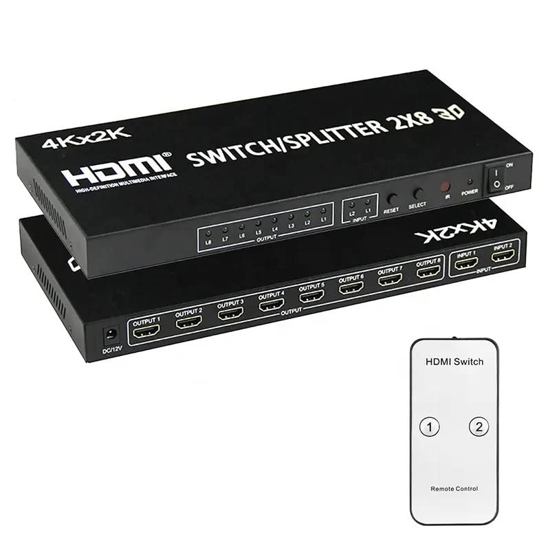 COOLCOLD 2x8 HDMI Matrix Switcher 2 in 8 Out Splitter 4Kx2K Active Amplifier Extender Ultra HD 1080P 3D Audio Video Selector with IR Remote Adapter for HDTV (2x8 HDMI Switch Splitter) - Image 1