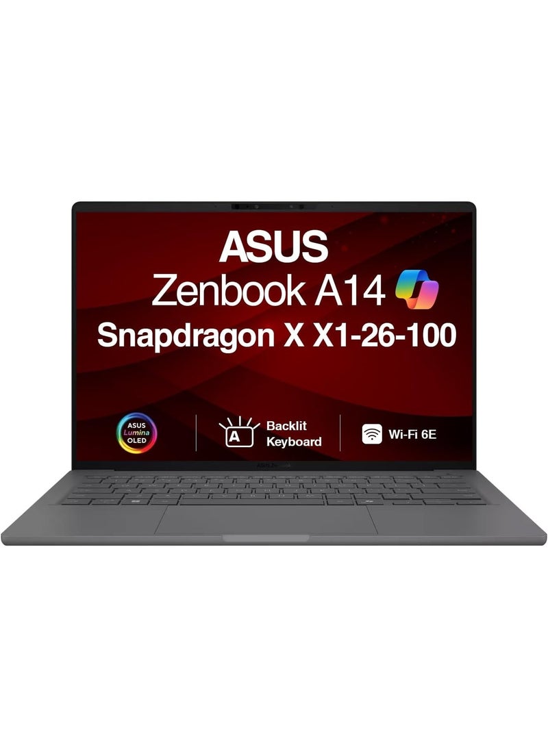 أسوس Asus Zenbook A14 UX3407QA-PS76 14" Copilot+ PC Notebook - WUXGA - 60 Hz - Qualcomm Snapdragon X X1-26-100 Processor 32GB LPDDR5X RAM, 1TB SSD, Qualcomm Adreno Graphics, Window 11 Home,  Iceland Gray English ICELAND GRAY - Image 1