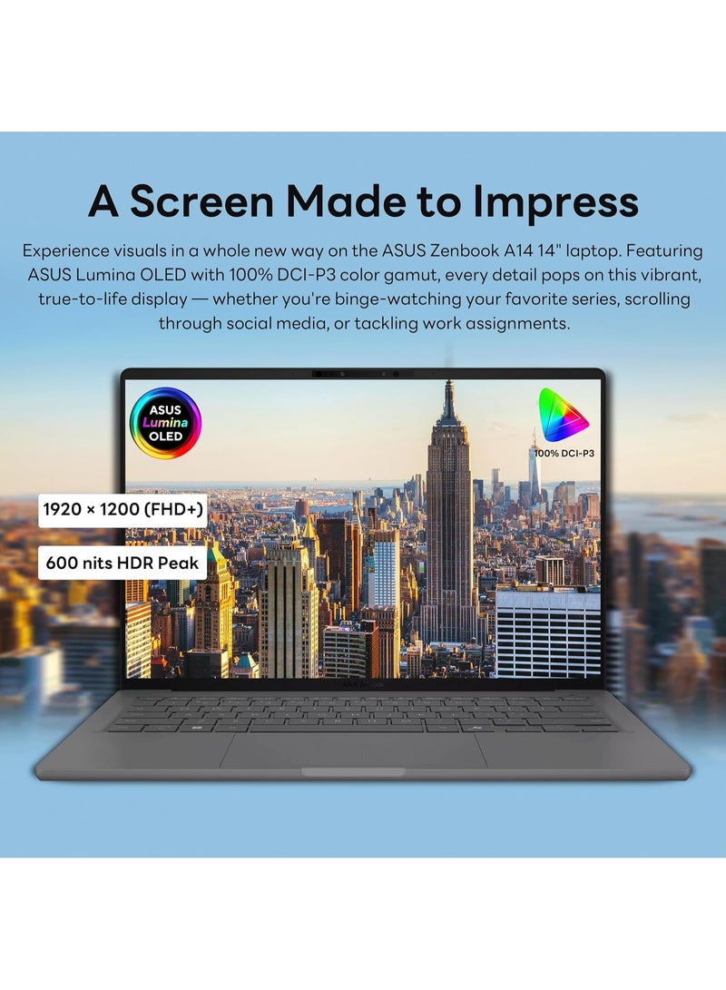 أسوس Asus Zenbook A14 UX3407QA-PS76 14" Copilot+ PC Notebook - WUXGA - 60 Hz - Qualcomm Snapdragon X X1-26-100 Processor 32GB LPDDR5X RAM, 1TB SSD, Qualcomm Adreno Graphics, Window 11 Home,  Iceland Gray English ICELAND GRAY - Image 5