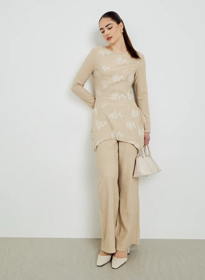 Styli Beige Embroidered Textured Top and Wide Leg Pants Co-Ords