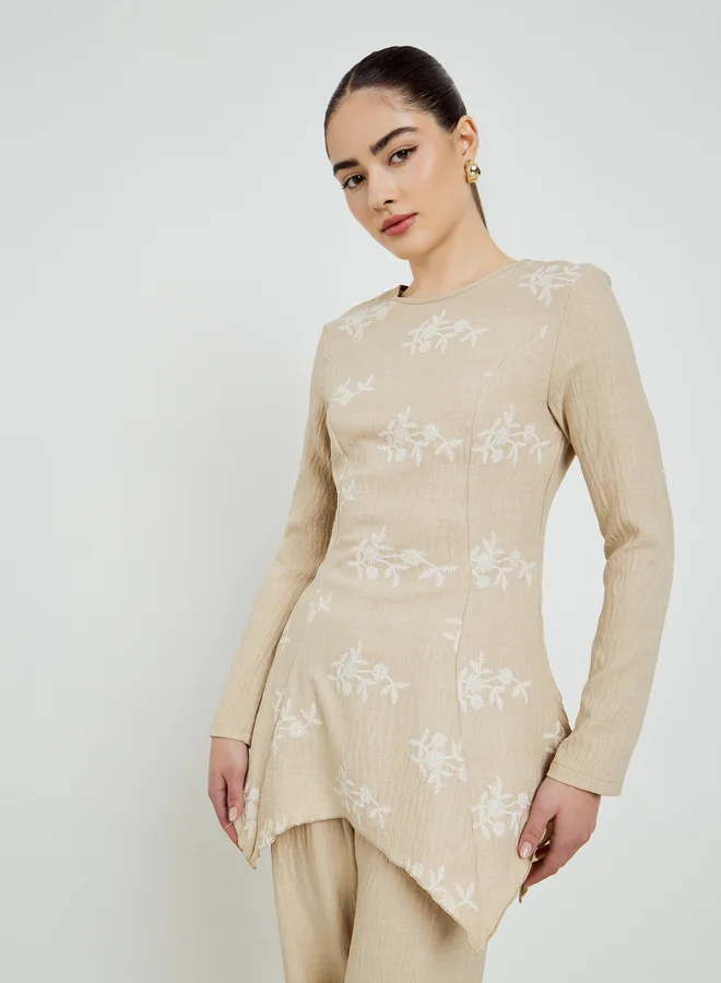 Styli  Beige Embroidered Textured Top and Wide Leg Pants Co-Ords for Women | Best Price UAE