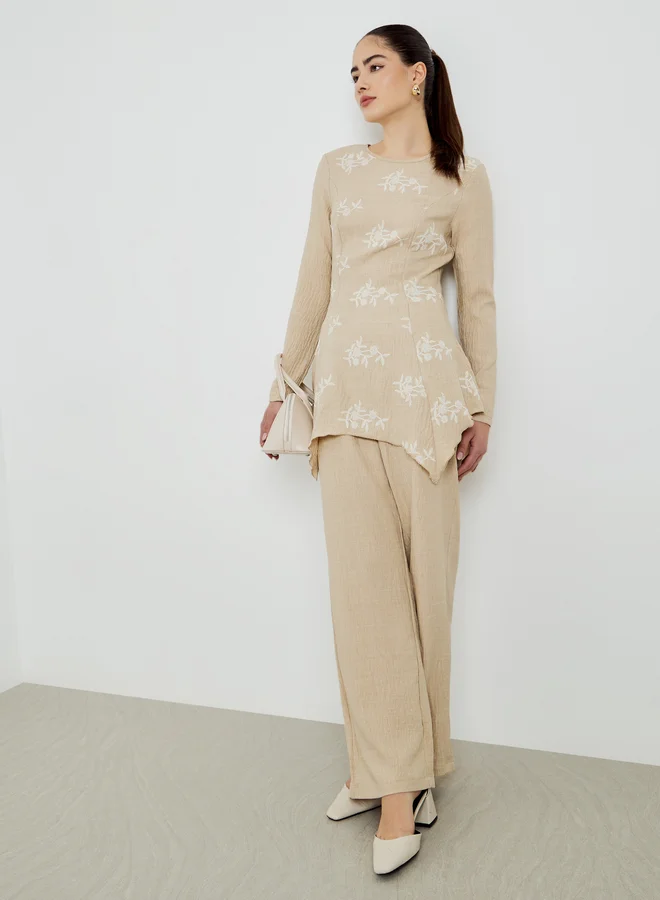 Beige Embroidered Textured Top and Wide Leg Pants Co-Ords