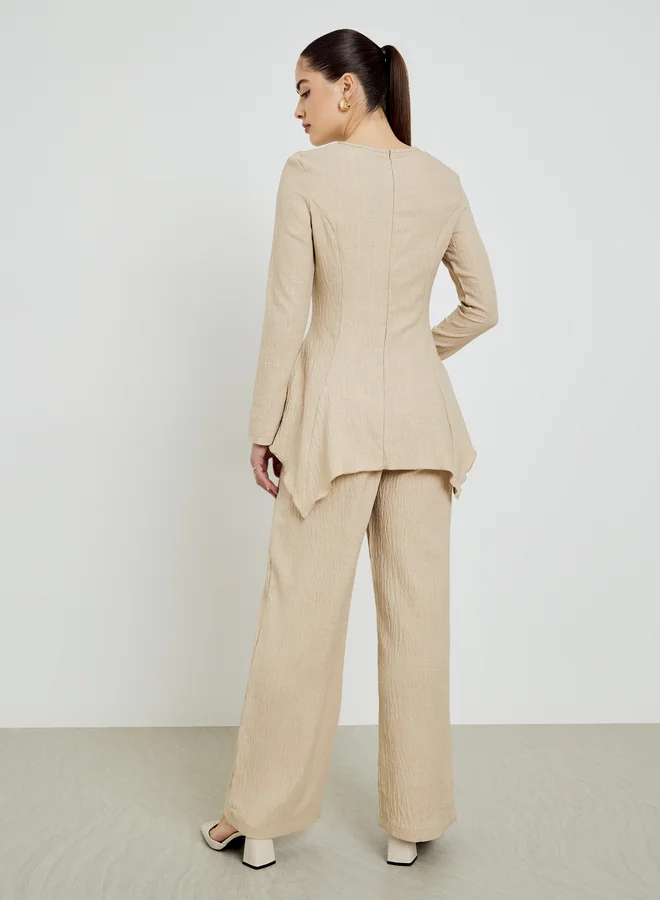 Styli  Beige Embroidered Textured Top and Wide Leg Pants Co-Ords for Women | Best Price UAE