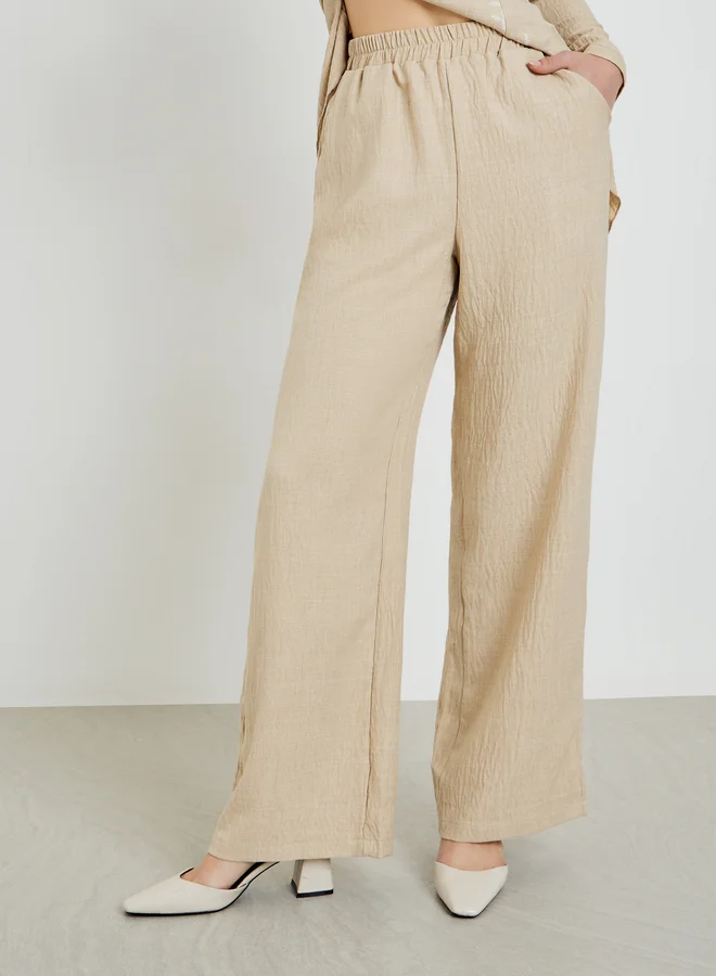 Styli  Beige Embroidered Textured Top and Wide Leg Pants Co-Ords for Women | Best Price UAE