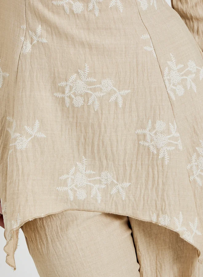 Styli  Beige Embroidered Textured Top and Wide Leg Pants Co-Ords for Women | Best Price UAE
