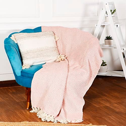 SASHAA WORLD Cotton Throw Blanket | Throw for Living Room, Sofa, Bed, Chair, Picnic & Used for Gift | Cotton Diamond Throw 130x 180 cm (Pink) - Image 2