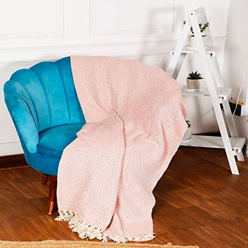 SASHAA WORLD Cotton Throw Blanket | Throw for Living Room, Sofa, Bed, Chair, Picnic & Used for Gift | Cotton Diamond Throw 130x 180 cm (Pink) - Image 1