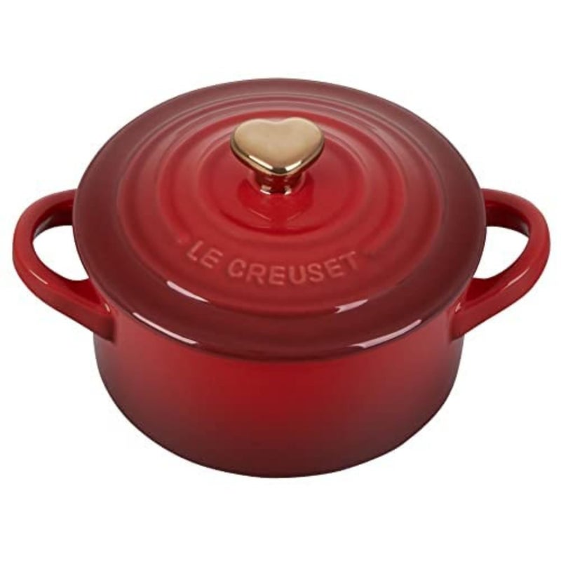 Le Creuset Le Creuset Stoneware Mini Round Cocotte 8oz Cerise with Gold Heart Knob