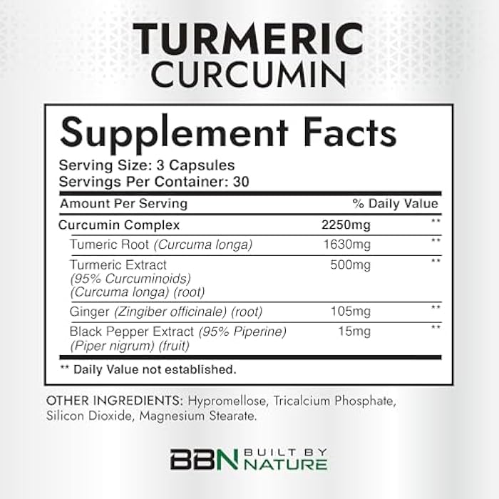 Built by Nature Turmeric Curcumin 2250mg – 95% Curcuminoids with Ginger & Black Pepper for High Absorption – Extra Strength Joint Support – Non-GMO, Vegan - 90 Capsules - Image 4