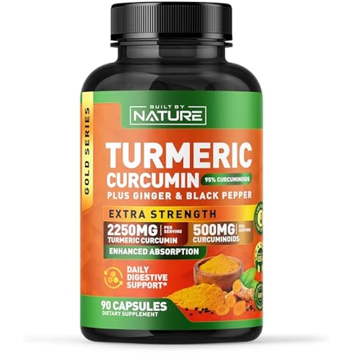 Built by Nature Turmeric Curcumin 2250mg – 95% Curcuminoids with Ginger & Black Pepper for High Absorption – Extra Strength Joint Support – Non-GMO, Vegan - 90 Capsules - Image 1
