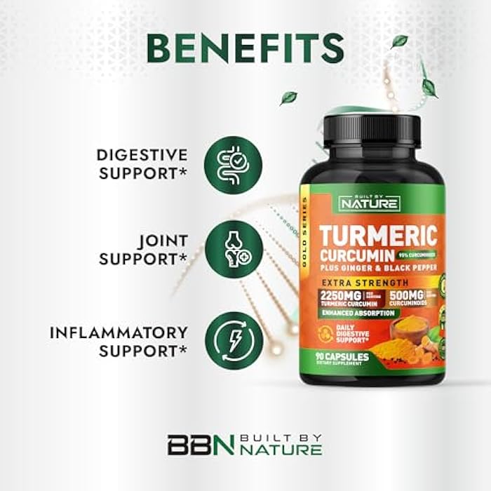 Built by Nature Turmeric Curcumin 2250mg – 95% Curcuminoids with Ginger & Black Pepper for High Absorption – Extra Strength Joint Support – Non-GMO, Vegan - 90 Capsules - Image 2