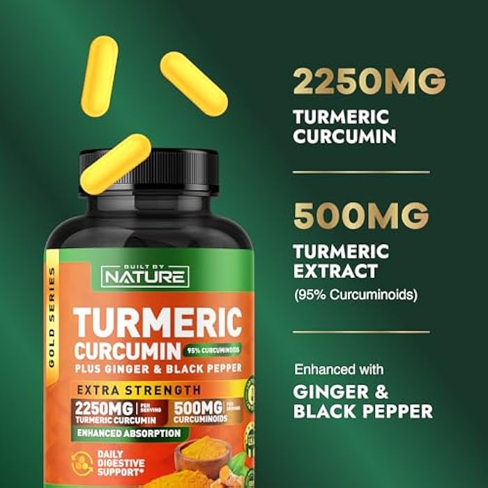 Built by Nature Turmeric Curcumin 2250mg – 95% Curcuminoids with Ginger & Black Pepper for High Absorption – Extra Strength Joint Support – Non-GMO, Vegan - 90 Capsules - Image 3