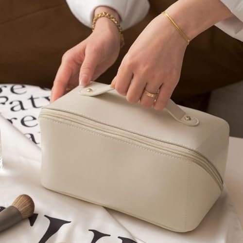 ANGENIL Makeup Pouch Bag, Travel Pouches for Women, Vanity Bag for Women Latest, Cosmetic Organizer, Travel Toiletry Bag, Mini Makeup Bag and Skincare Pouch, Leather Vanity Bag (White, Medium) - Image 2