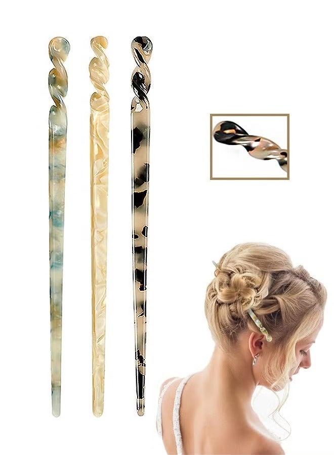 Generic 3 Pcs Acetate Hair Sticks, Twist Hair Chopsticks Disk Hair Sticks, Leopard Print Tortoise Shell Hairpin Retro Hairpins Disk Hair Accessories for Women Girls (Green+Off White)  - Image 1