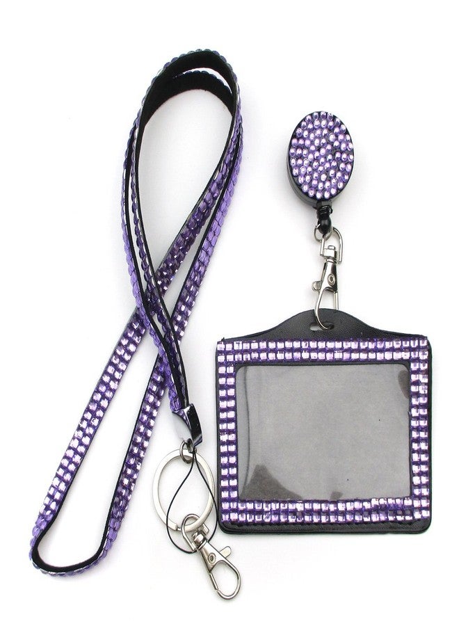 ALL in ONE Rhinestone Lanyard Bling Crystal Necklace + Badge Reel + Horizontal Card Holder for Business Id/Key (Purple) - Image 1