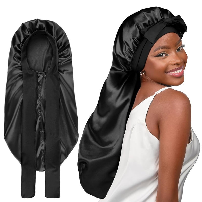 YANIBEST YANIBEST Silk Bonnet for Sleeping Women Braid Bonnet for Long Hair with Tie Band Satin Bonnet for Braids Hair Sleeping Cap Gifts for Women Black 