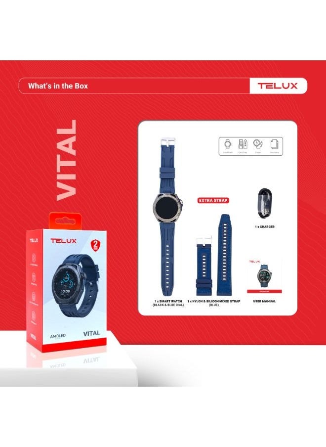 TELUX VITAL Smart Calling Watch with 1.43” AMOLED Display & AI Voice Assistant, Heart Rate & BP Monitoring, Sleep Tracking, 100+ Modes, IP68 Waterproof, 10-Day Battery, Android & iOS Ap (Blue)