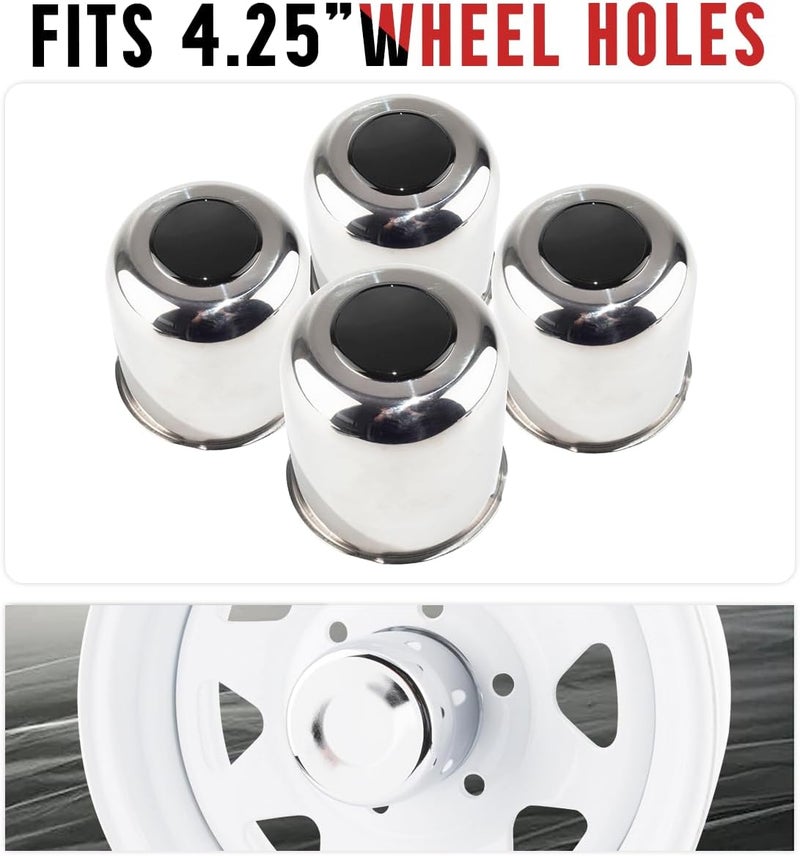 RTRHINOTUNING Stainless Steels 4.25in Chrome Trailer Wheel Center Caps Black Removable Top Caps Truck RV Push Through Hub Caps 4.29“ Tall - Image 3