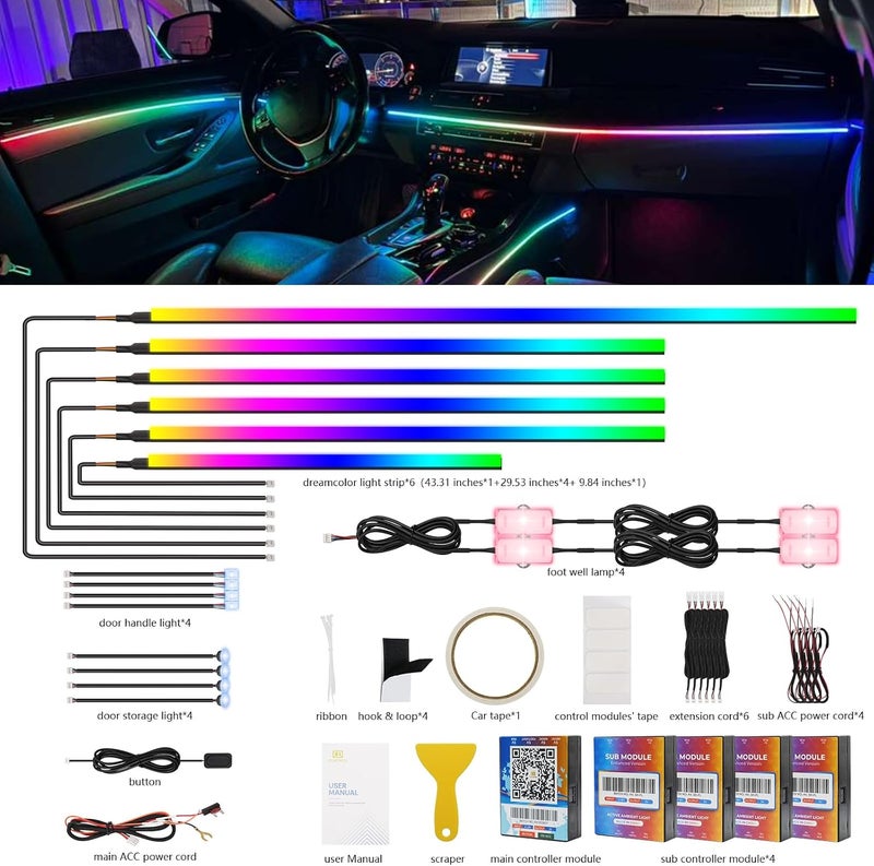 Amki Dreamcolor Acrylic Interior Car LED Strip Light with Wireless Self-Developed App, RGB 18 in 1 with 175 inches 593 LEDs Ambient Lighting Kits, 16 Million Colors Music & DIY Function - Image 2