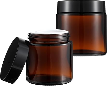 YUXIANLB YUXIANLB 2Pcs Small Glass Containers with Lids Amber Glass Jars with Black Lids Inner Liners Empty Round Cream Jar Refillable Cosmetic Containers for Cream Lotion Powder Ointments - Image 1