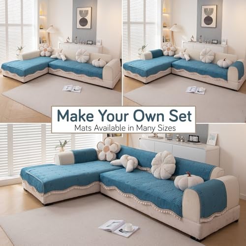 HOKIPO Premium Dutch Velvet Sofa Cover Mat with Frill for 1/2/3 Seater and L Shape Sofa. Make Your Own Sofa Cover Set, Mat Length 90(D) x 60(L) cm, Peacock Blue (AR-5733-PBL) - Image 4