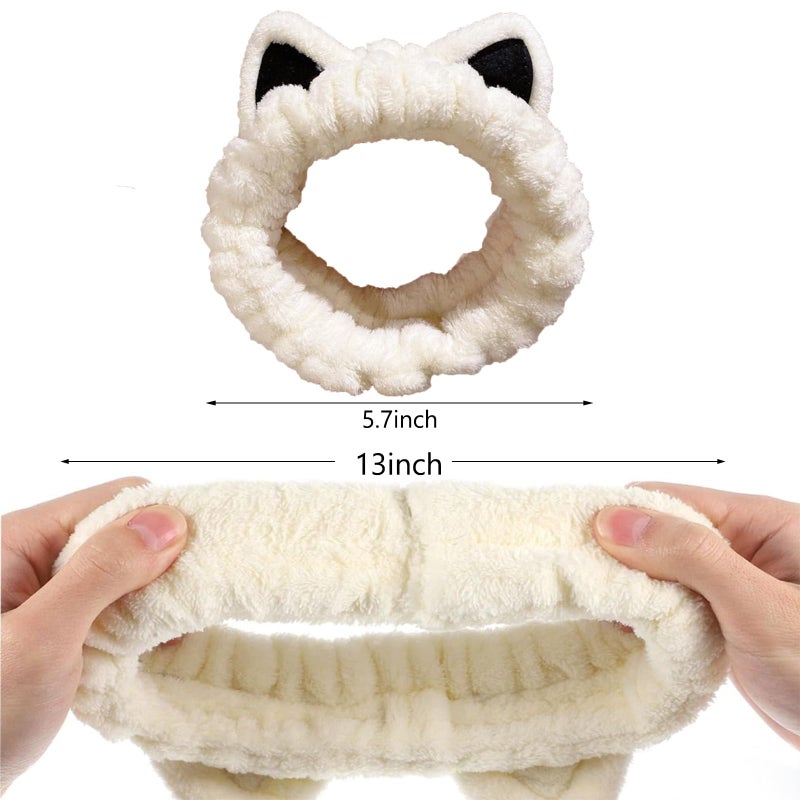 Waliah 2 Pcs Cat Ears Headband, Cute Spa Headbands for Washing Face Skincare Makeup Headbands for Women Girls Trendy Stuff Present Soft Coral Fleece Hair Accessories(Beige Khaki) - Image 4