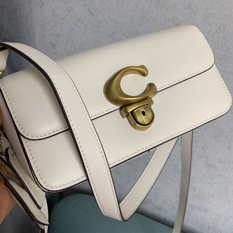 Genuine Leather womens bag 2023 new studio shoulder crossbody small square bag French simple baguette bag flip underarm bag White