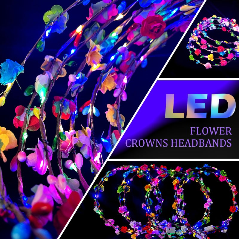 QSJQllo 50 Pcs LED Flower Crowns Headbands,Flower Crowns For Women,Mardi Gras Light Up Headbands Tiara Flower Crown Accessories for Wedding Beach Party Birthday Cosplay Halloween Christmas Day - Image 4