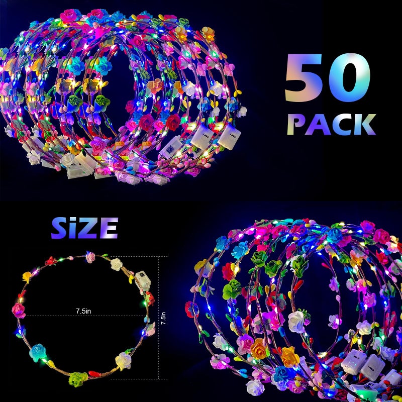 QSJQllo 50 Pcs LED Flower Crowns Headbands,Flower Crowns For Women,Mardi Gras Light Up Headbands Tiara Flower Crown Accessories for Wedding Beach Party Birthday Cosplay Halloween Christmas Day - Image 3