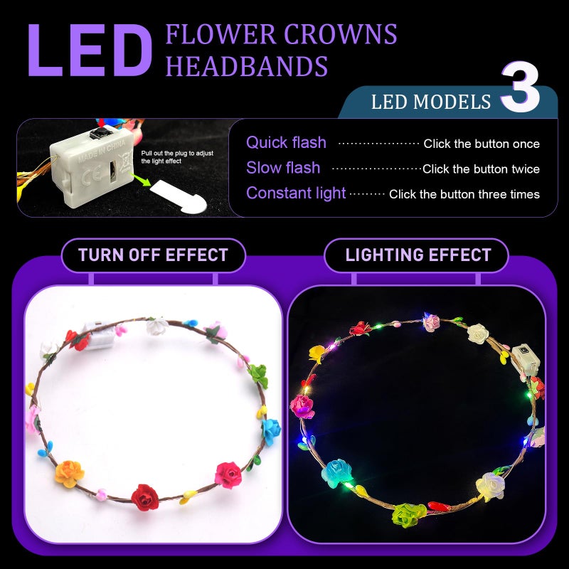 QSJQllo 50 Pcs LED Flower Crowns Headbands,Flower Crowns For Women,Mardi Gras Light Up Headbands Tiara Flower Crown Accessories for Wedding Beach Party Birthday Cosplay Halloween Christmas Day - Image 2