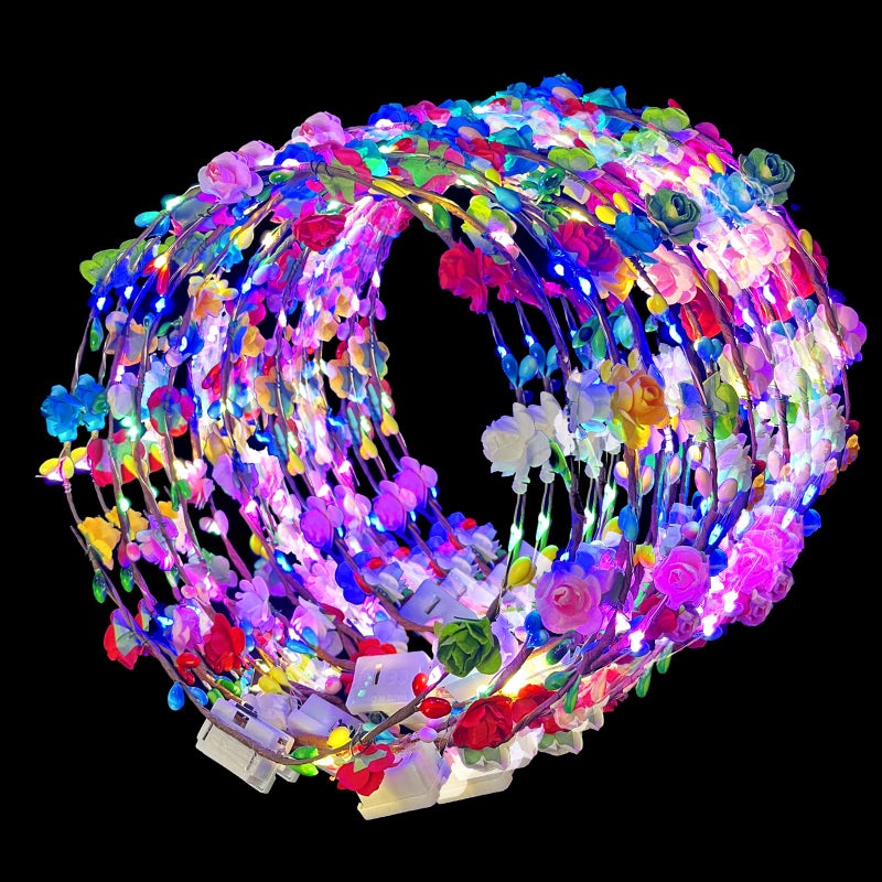 QSJQllo 50 Pcs LED Flower Crowns Headbands,Flower Crowns For Women,Mardi Gras Light Up Headbands Tiara Flower Crown Accessories for Wedding Beach Party Birthday Cosplay Halloween Christmas Day - Image 1