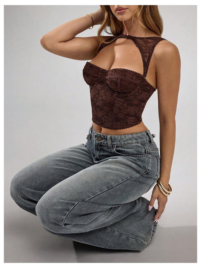 WDIRARA Women's Cut Out Lace Crop Bustier Corset Tank Top Sexy Going Out Party Club Tops Coffee Brown Small - Image 5