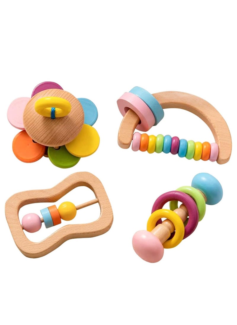 RATSAW Organic Colorful Wooden Baby Rattles Set 4 Pcs Montessori Toys for Babies Rattle Soother Bracelet Teether Toys for Newborn Babies 0 to 12 Months Perfect Toddler Shower Gift  - Image 1
