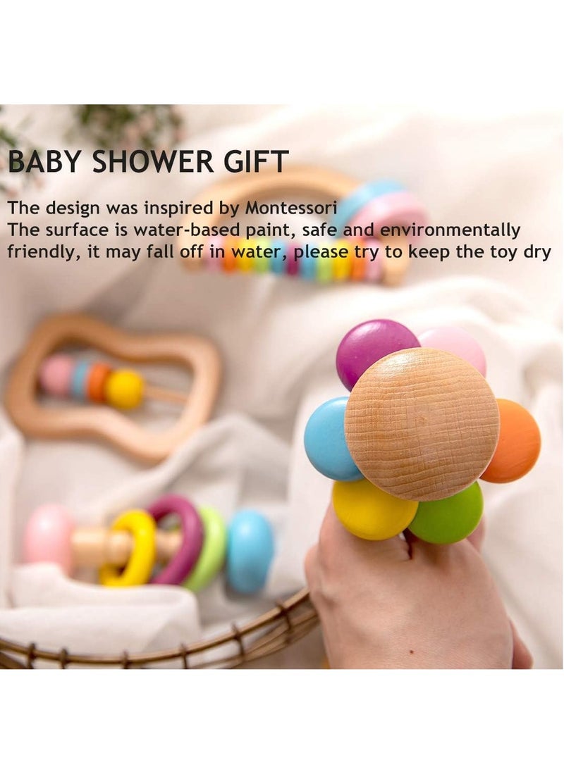RATSAW Organic Colorful Wooden Baby Rattles Set 4 Pcs Montessori Toys for Babies Rattle Soother Bracelet Teether Toys for Newborn Babies 0 to 12 Months Perfect Toddler Shower Gift  - Image 3